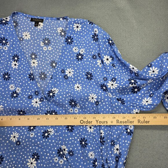 Talbots Shirt Womens Large Blue Daisy Floral Wrap Blouse Top Boho Preppy Casual - Picture 9 of 13